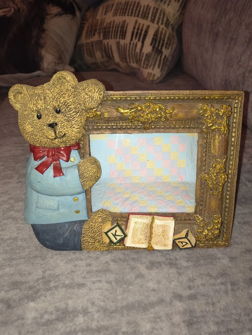 Teddy Bear Gold Picture Frame with Light Blue Outfit - Unknown Brand